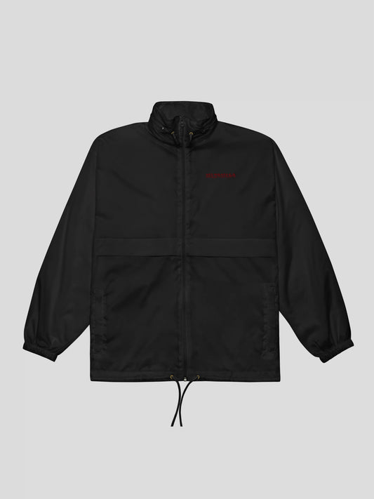 Front view of the black minimalist streetwear windbreaker jacket by MAXOMclo – waterproof, windproof, and vegan outerwear for urban fashion lovers.