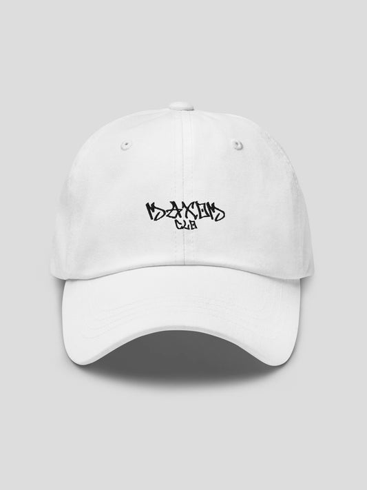 Studio front view of the ECHO White Premium Streetwear Baseball Cap with embroidered MAXOMclo logo.