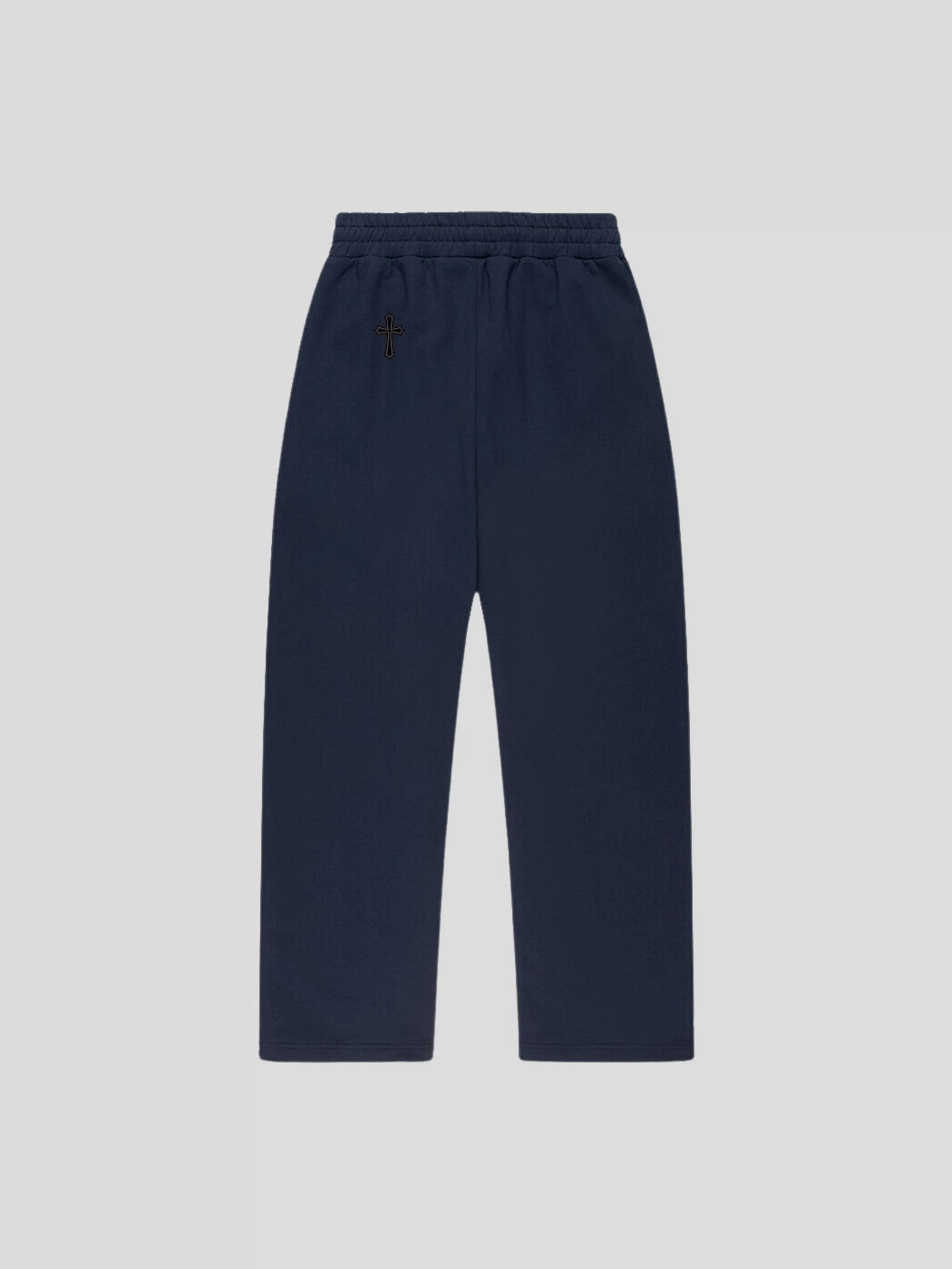 Back of the navy blue luxury baggy jogger pants featuring MAXOMclo gothic logo – modern urban streetwear fit.