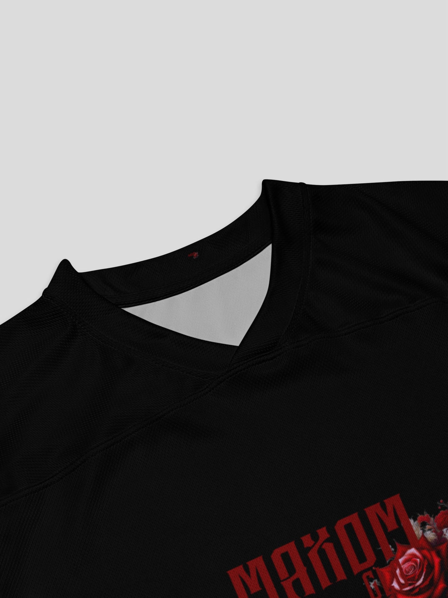 V-neck collar close-up of the luxury sustainable streetwear hockey sweater, highlighting high-quality recycled polyester fabric and clean seam design.