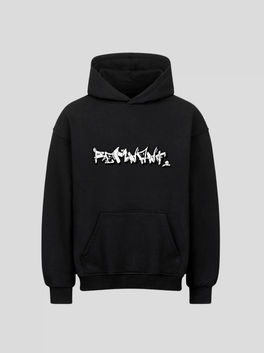 Front view of the black DROP.ØNE REMNANT. Hoodie with bold graffiti logo print – oversized 380 GSM streetwear design