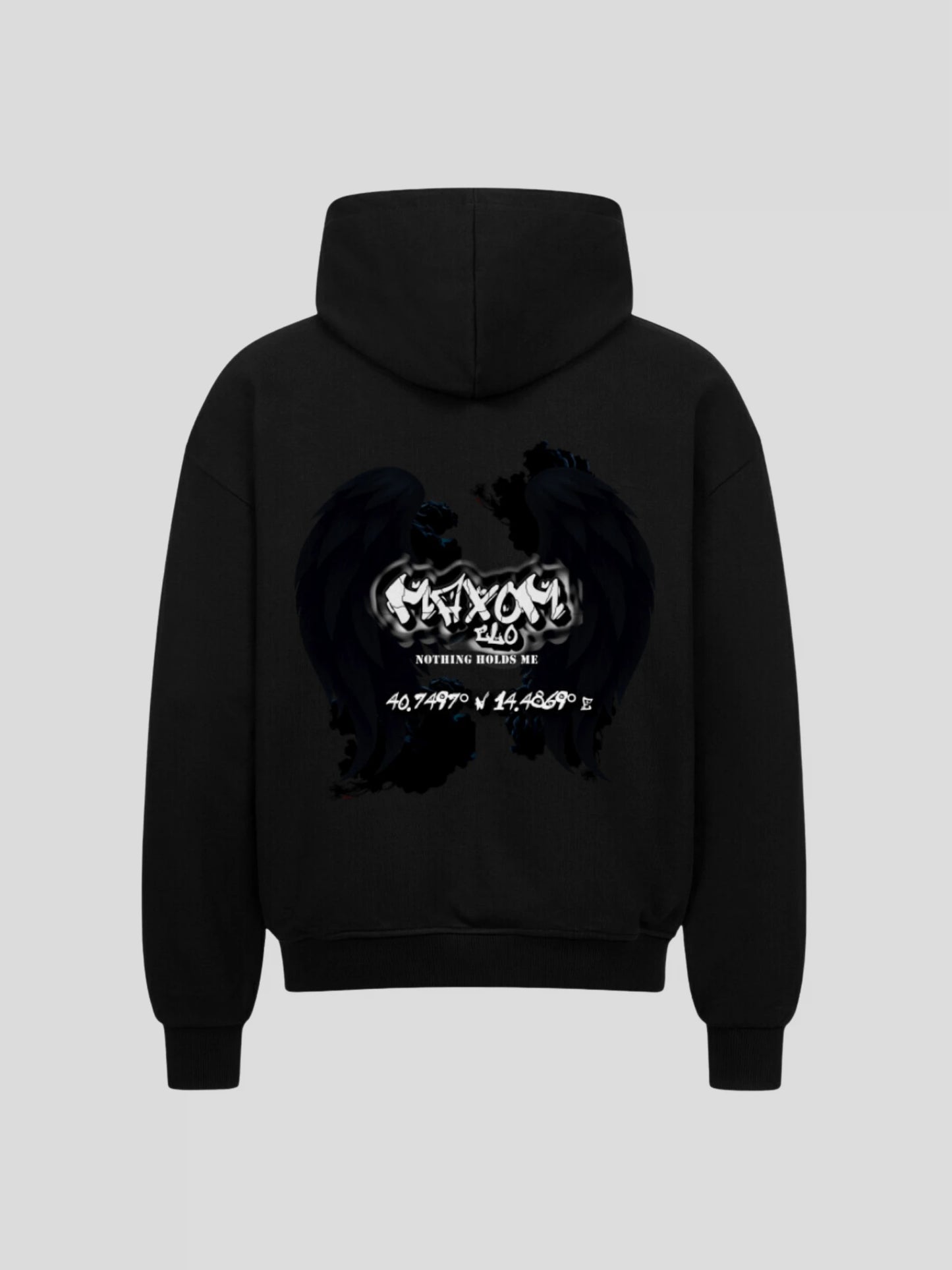 Back view of REMNANT. ECLIPSE_R0 black hoodie showing angel wings graphic and motivational quote print