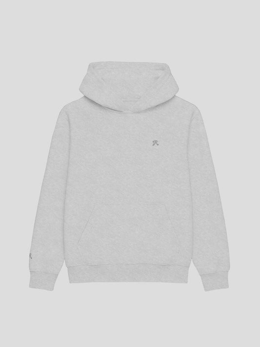 Front view of REMNANT. THEORY.01 Hoodie in COLD Grey – oversized heavyweight fleece hoodie with minimalist embroidered R logo