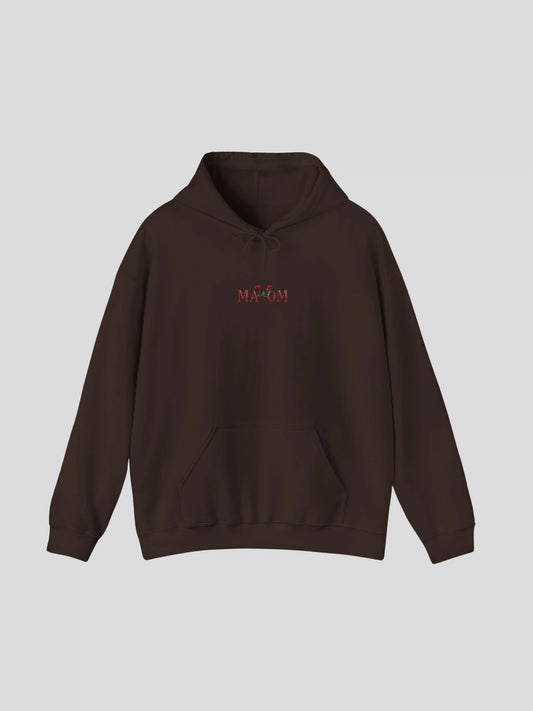 Front view of the Dark Chocolate Rose Hoodie with rose print design and subtle MAXOM logo embroidery.