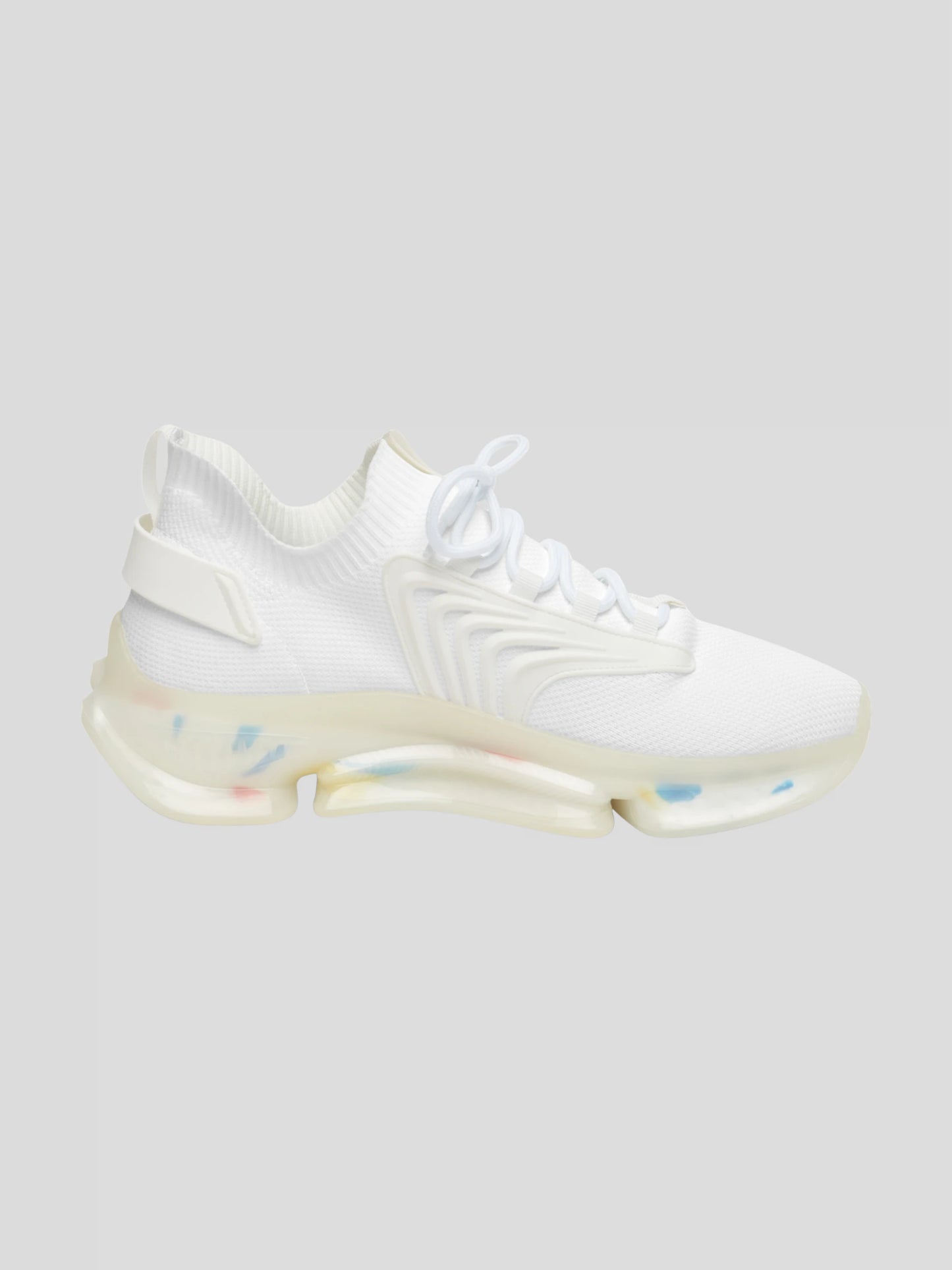 Inside view of SoulStride Women’s White Sneakers – breathable mesh upper and soft EVA sole design.