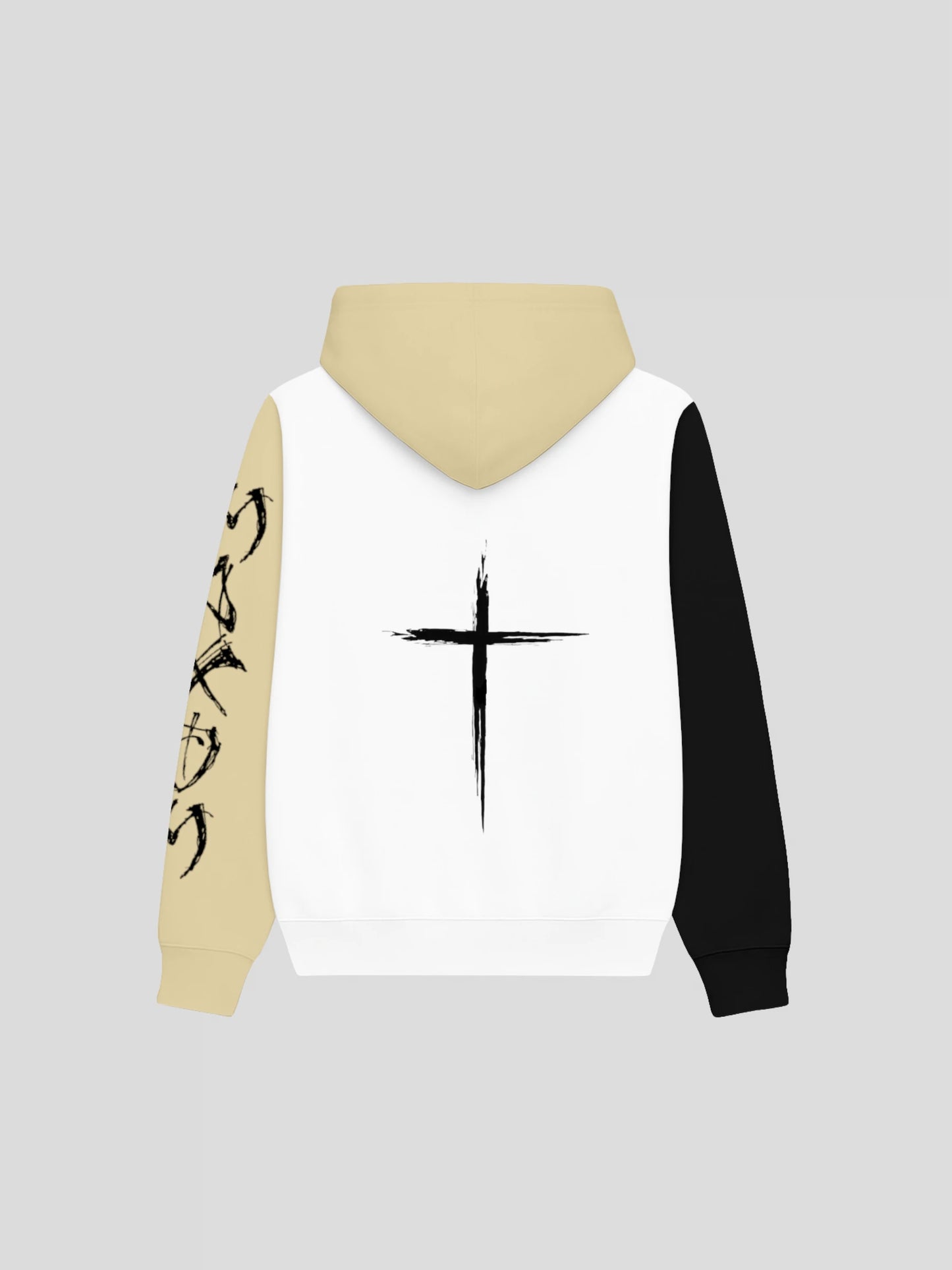 Back view of the Stay Cozy Eco-Friendly Streetwear Hoodie showcasing the distinctive cross print and earth-tone colorblock sleeves – a luxury sustainable hoodie for modern streetwear enthusiasts.