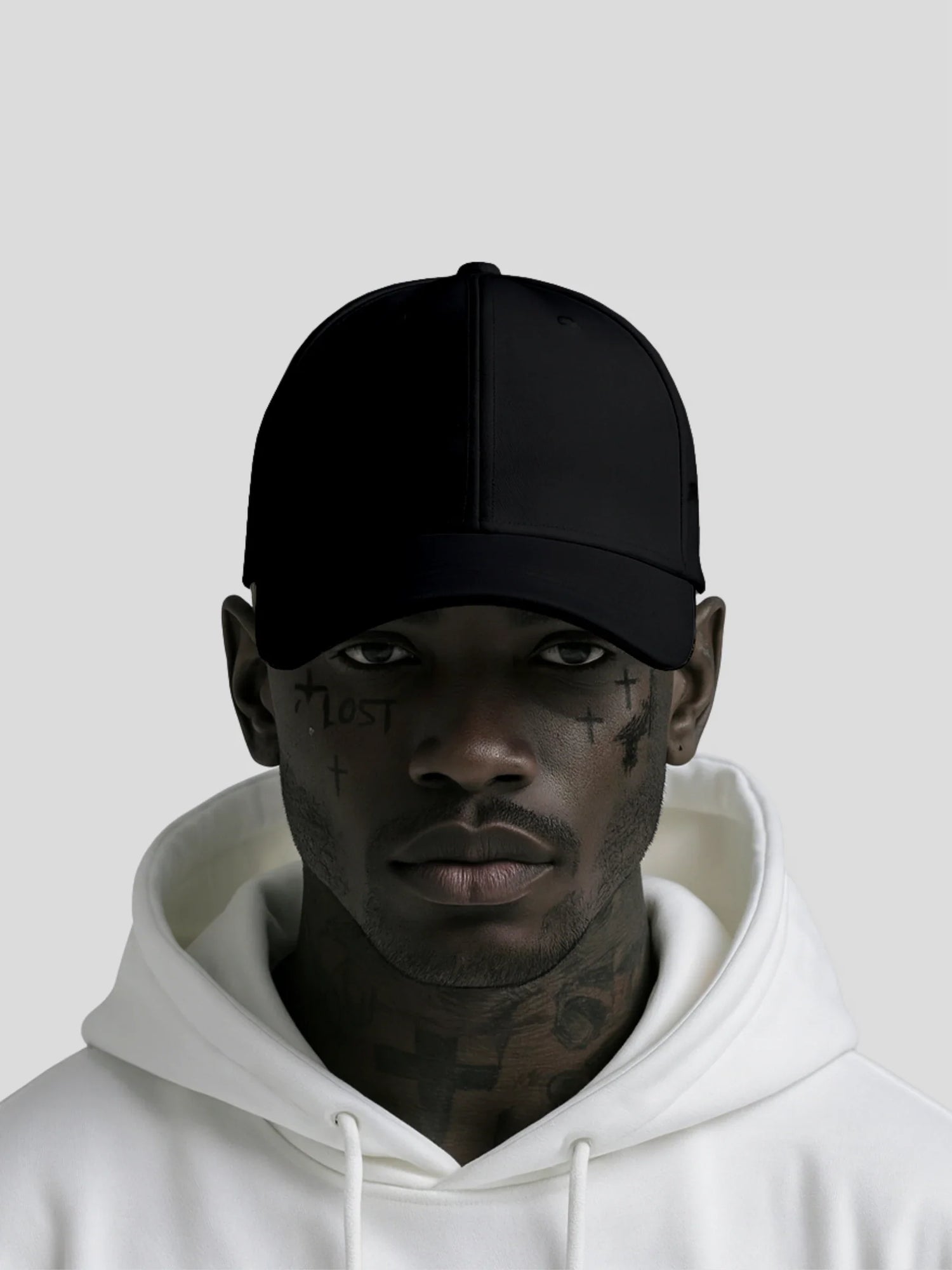Dark-skinned male model wearing a black minimalist streetwear baseball cap — REMNANT. Hats Collection product image