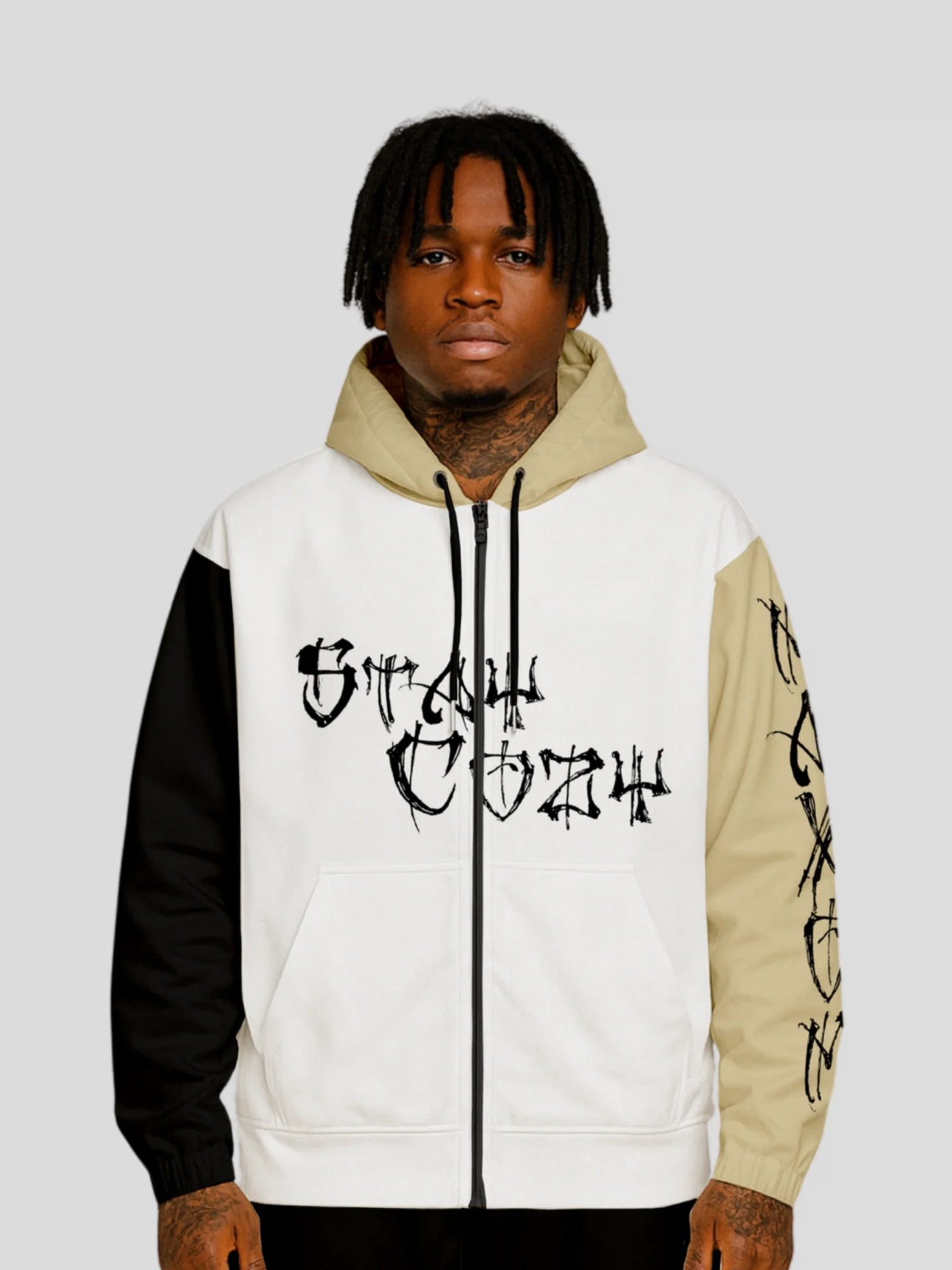 Dark-skinned male model wearing a white, black, and beige oversized graphic zip hoodie — MAXOMclo Hoodies & Zips Collection