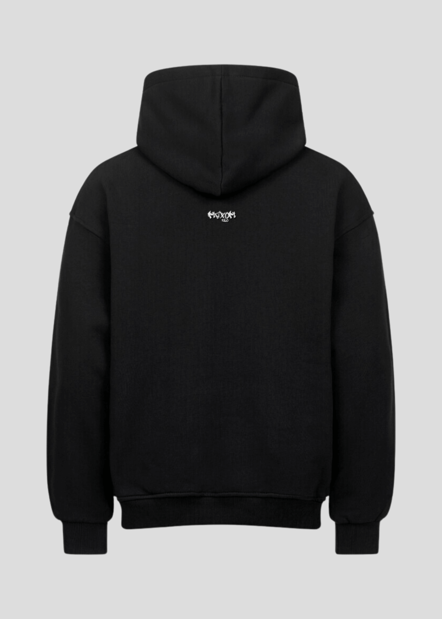 Back view of black heavyweight drop shoulder hoodie with minimalist MAXOMclo logo – clean streetwear design.