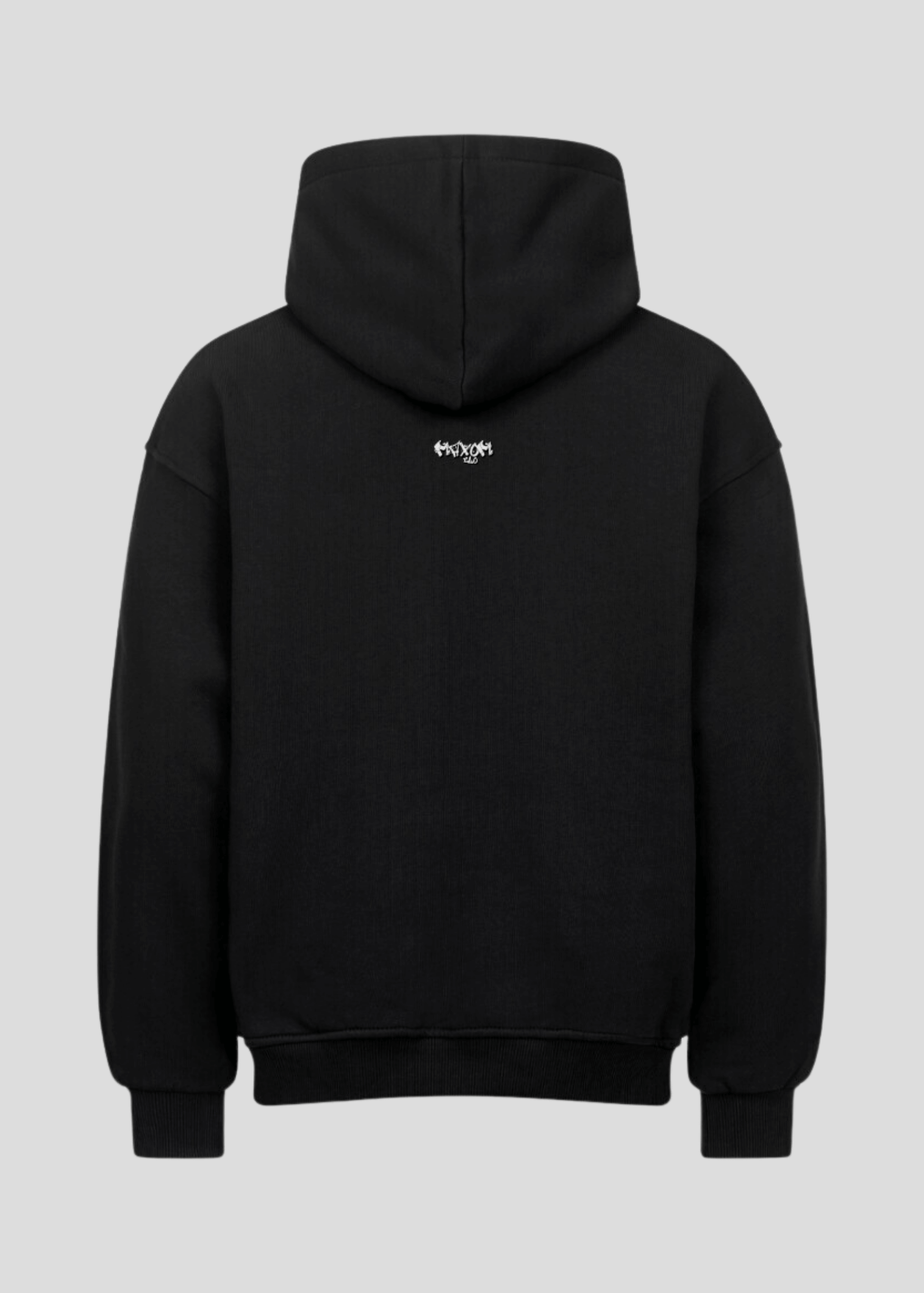 Back view of black heavyweight drop shoulder hoodie with minimalist MAXOMclo logo – clean streetwear design.
