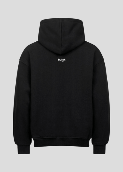 Back view of black heavyweight drop shoulder hoodie with minimalist MAXOMclo logo – clean streetwear design.