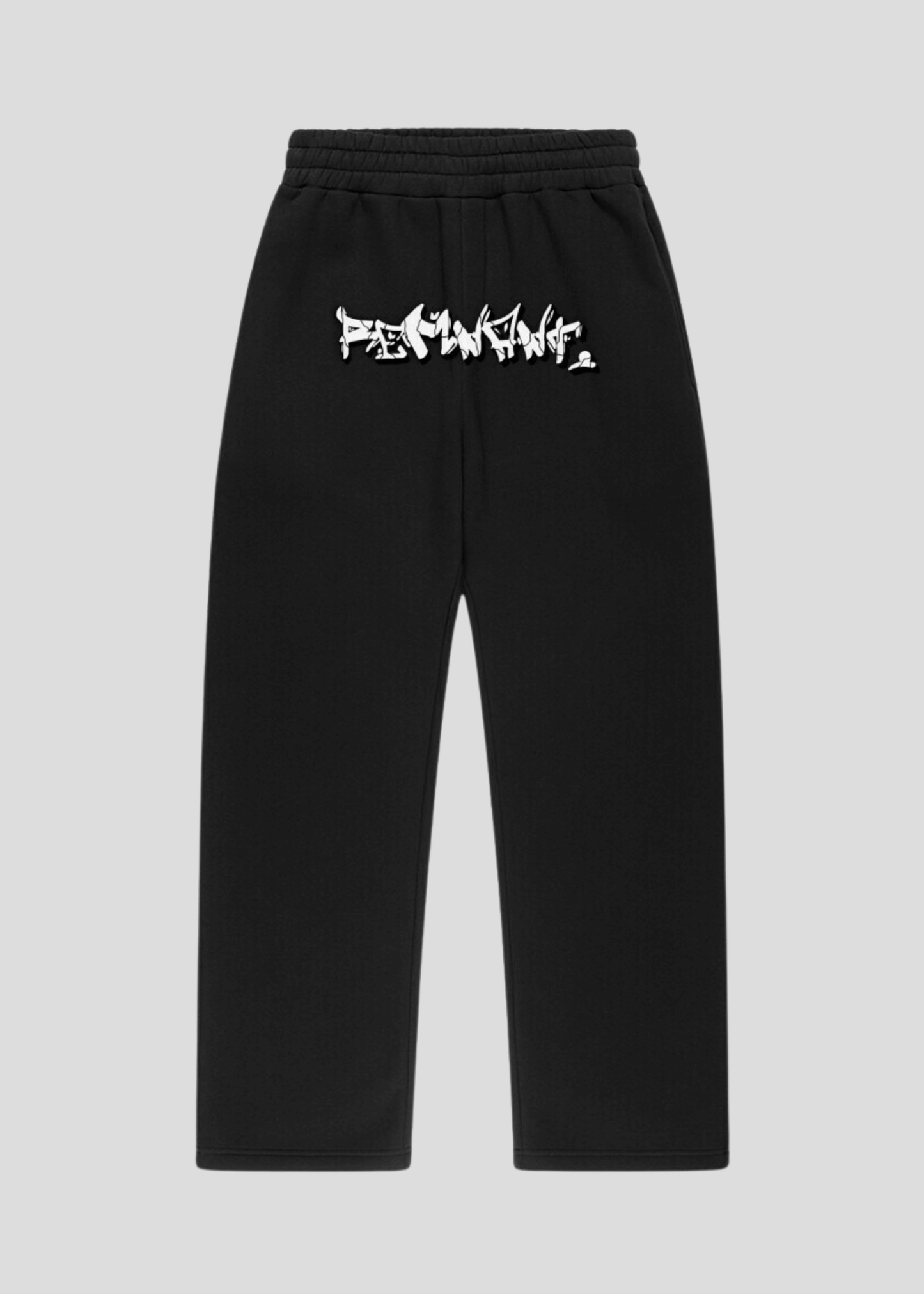 Black oversized streetwear sweatpants with graffiti print on front waistband – urban unisex design, part of Drop One set.