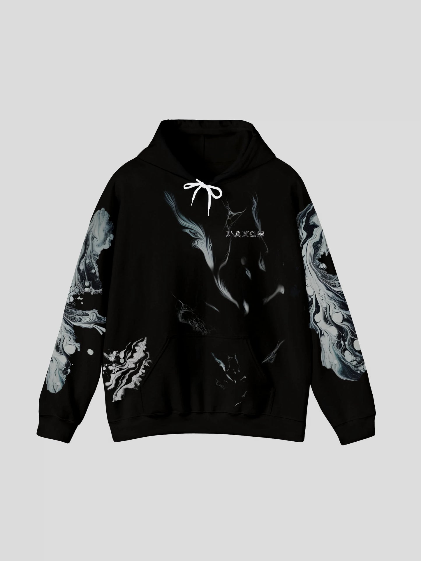 Front flat lay of the designer black marble streetwear hoodie – minimalist black marble graphic hoodie with white drawstrings and abstract marble artwork.