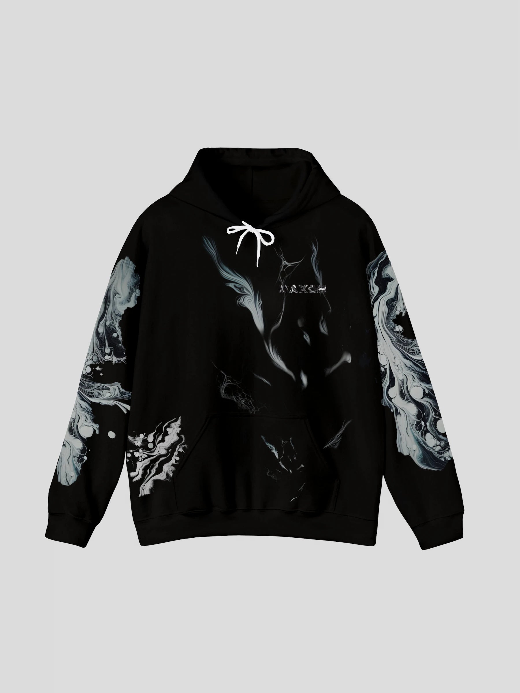 Front flat lay of the designer black marble streetwear hoodie – minimalist black marble graphic hoodie with white drawstrings and abstract marble artwork.