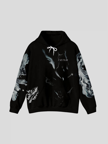 Front flat lay of the designer black marble streetwear hoodie – minimalist black marble graphic hoodie with white drawstrings and abstract marble artwork.
