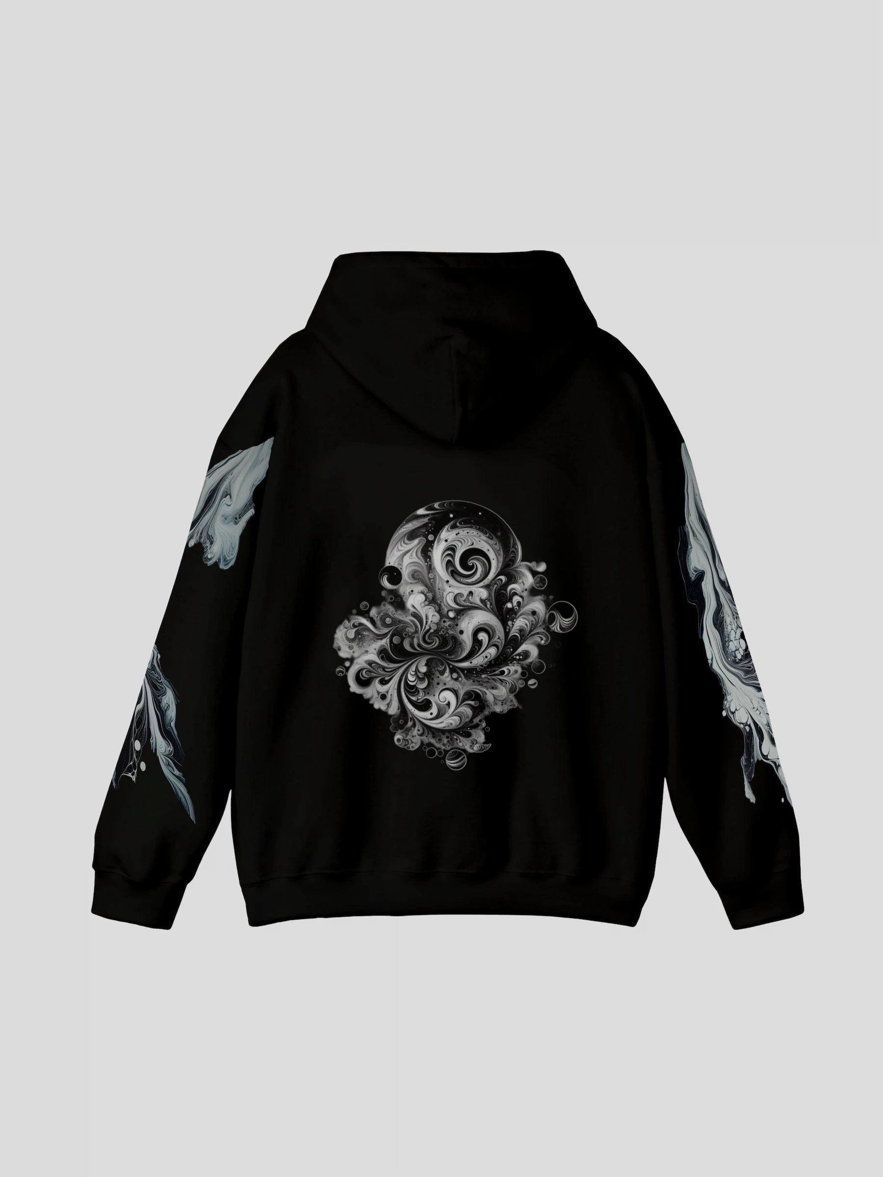 Back view of the black marble graphic print hoodie by MAXOMclo – oversized black marble streetwear hoodie with artistic swirling marble design.