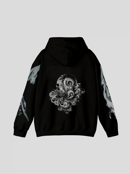 Back view of the black marble graphic print hoodie by MAXOMclo – oversized black marble streetwear hoodie with artistic swirling marble design.