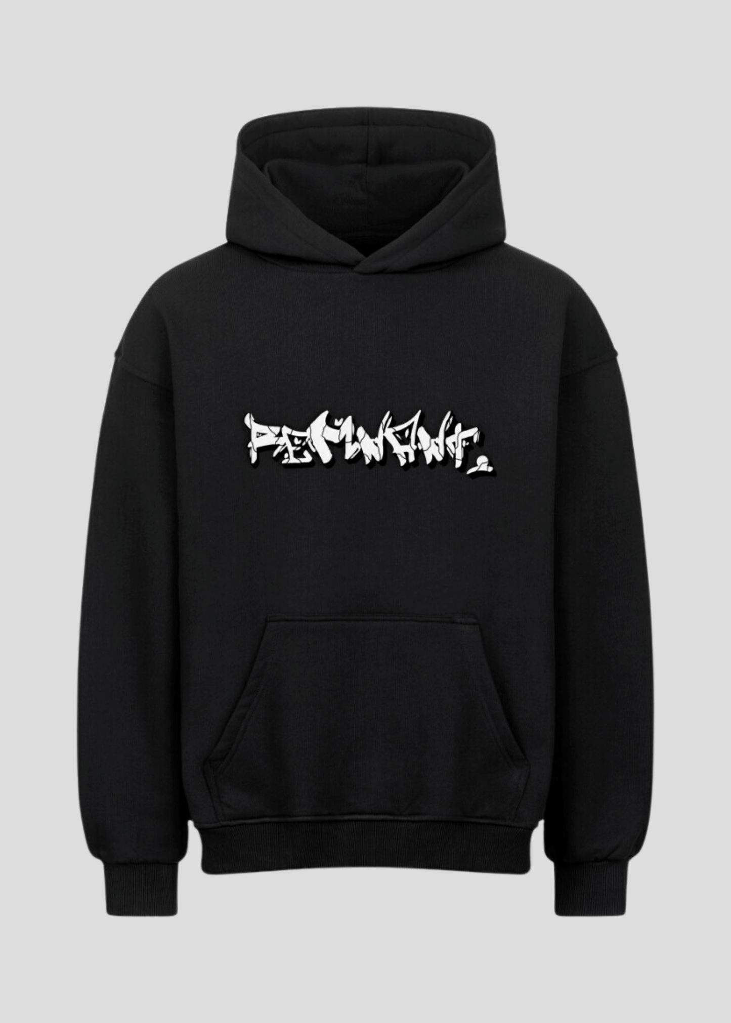 Black oversized streetwear hoodie with bold white graffiti print – unisex drop shoulder pullover with minimalist design.