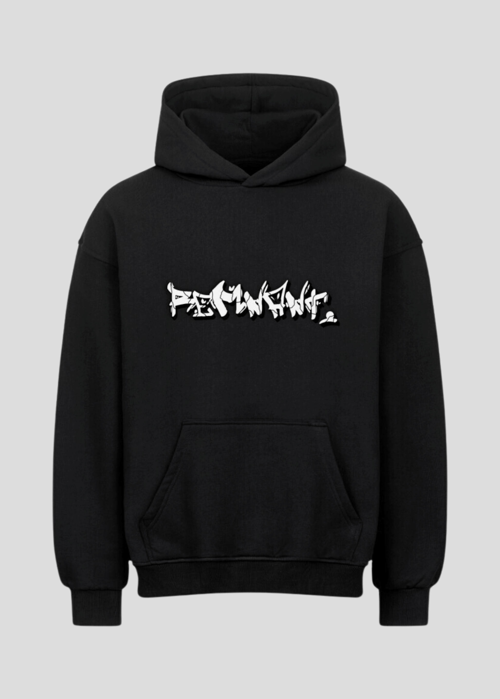 Black oversized streetwear hoodie with bold white graffiti print – unisex drop shoulder pullover with minimalist design.