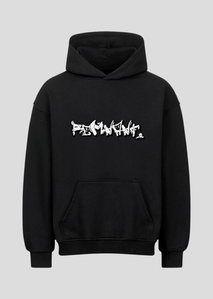 Black oversized streetwear hoodie with bold white graffiti print – unisex drop shoulder pullover with minimalist design.