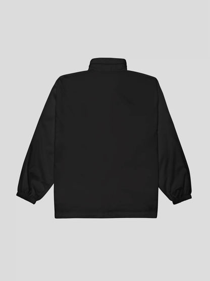 Back view of the unisex black windbreaker jacket – sleek minimalist design with windproof and water-repellent polyamide shell.