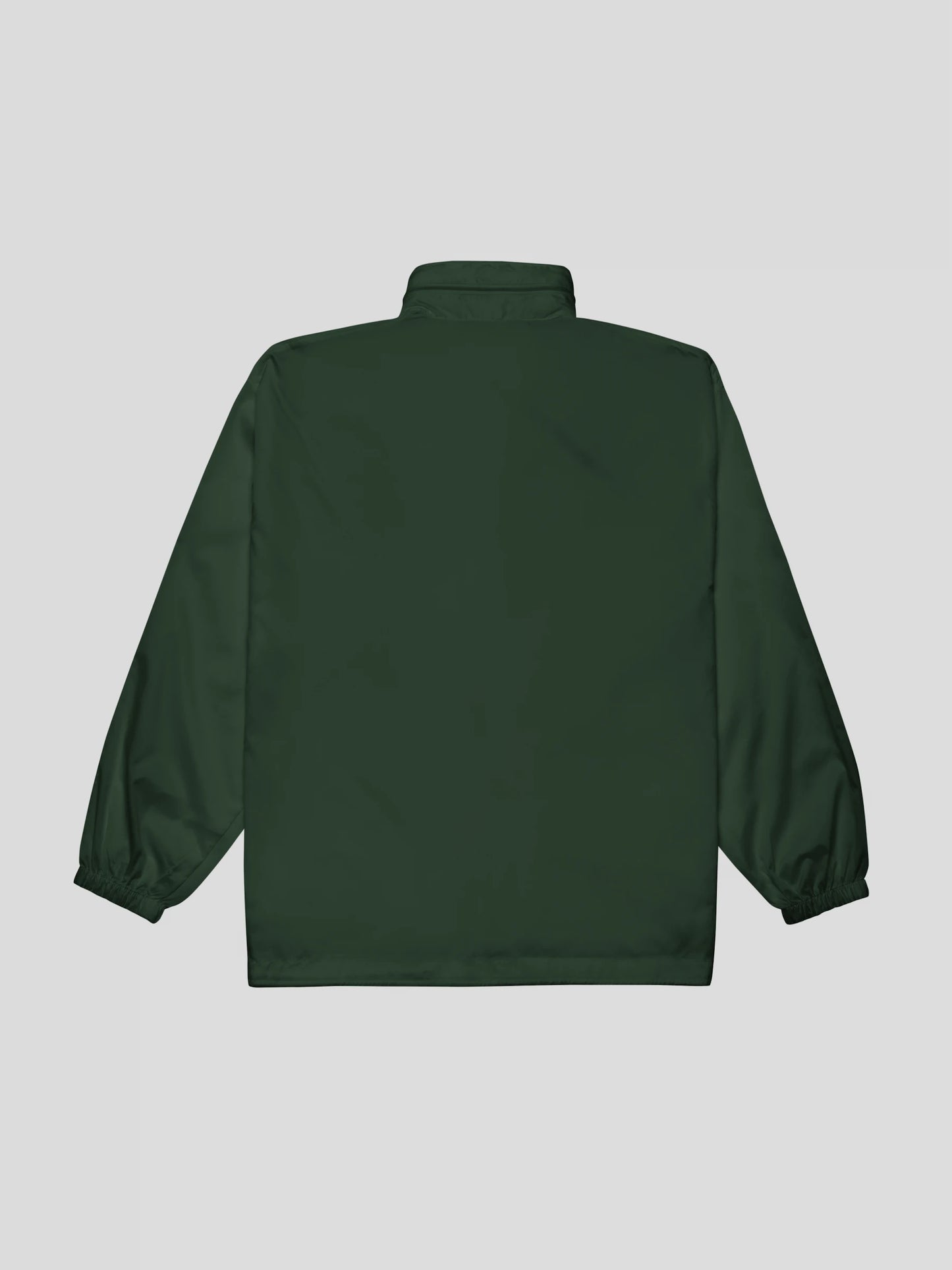 Back view of the forest green hooded streetwear windbreaker jacket with minimalist silhouette and premium nylon shell.