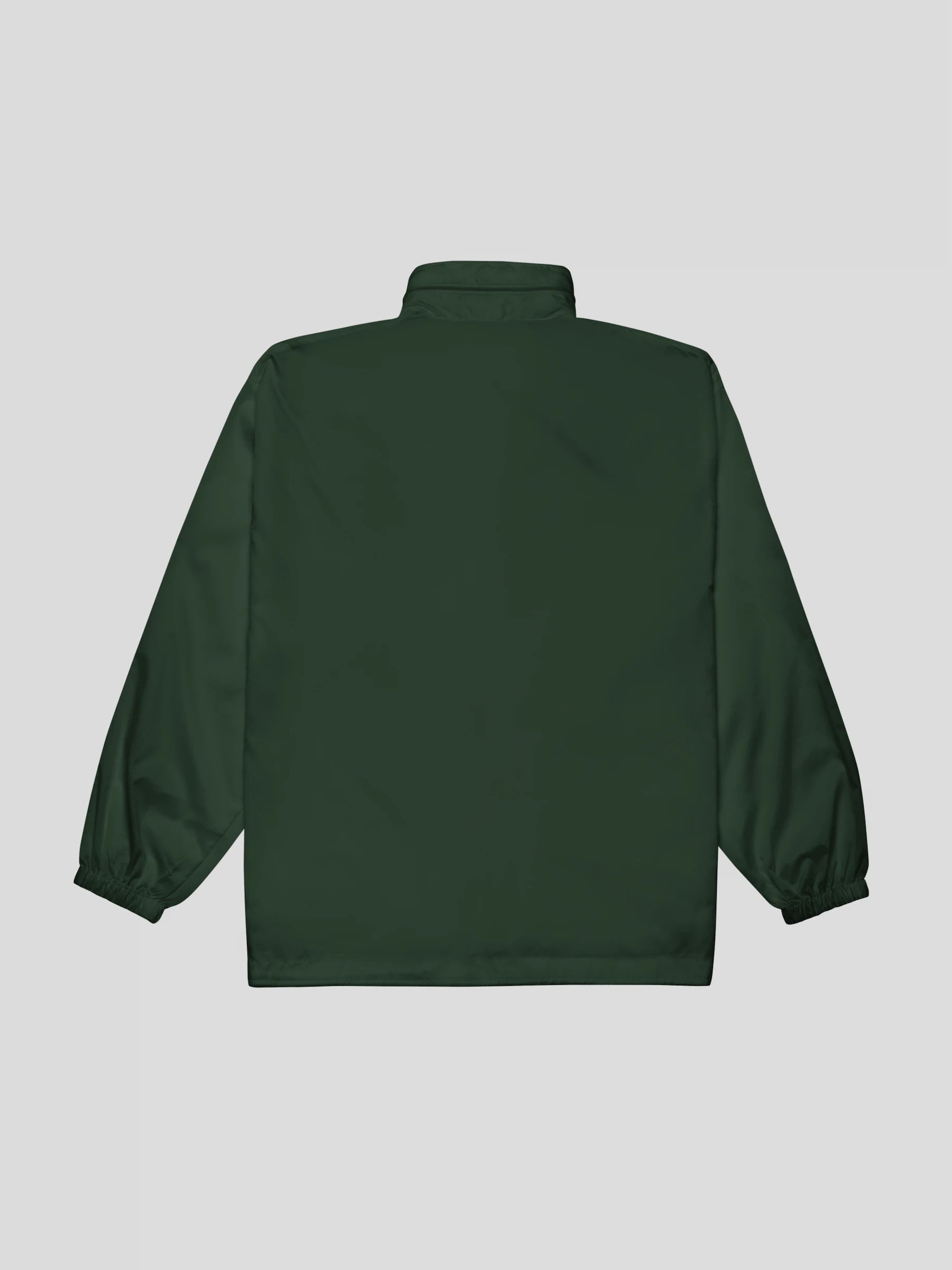 Back view of the forest green hooded streetwear windbreaker jacket with minimalist silhouette and premium nylon shell.