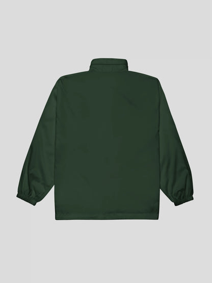 Back view of the forest green hooded streetwear windbreaker jacket with minimalist silhouette and premium nylon shell.