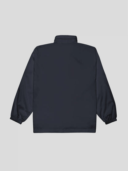 Back view of the navy blue minimalist windbreaker jacket – gender-neutral streetwear windbreaker jacket with clean design.