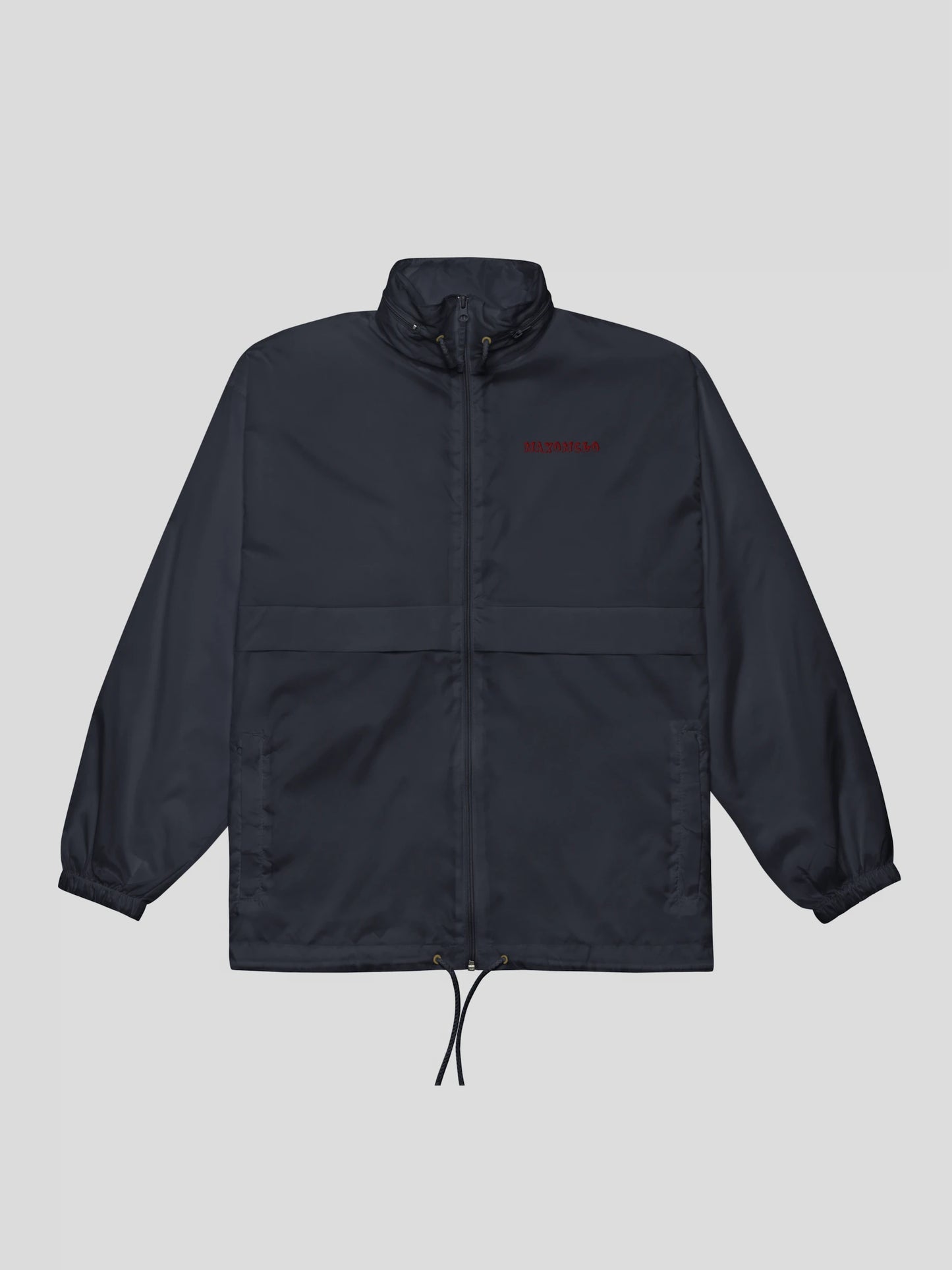 Front view of the navy blue streetwear windbreaker jacket – lightweight, waterproof, and OEKO-TEX certified.
