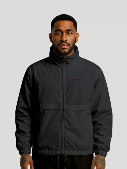 Male model wearing the navy blue streetwear windbreaker jacket by MAXOMclo – trendy streetwear windbreaker for men and women.