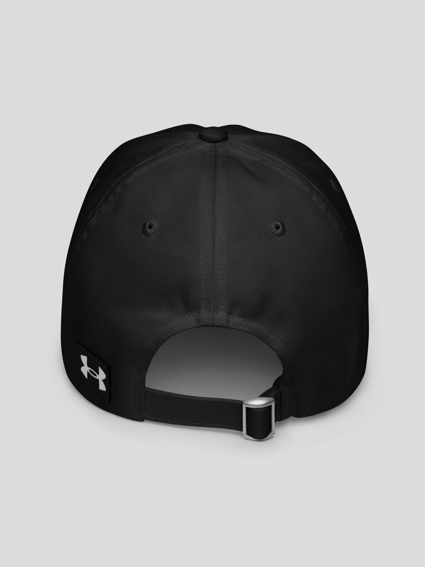 Back view of the urban fashion black unisex baseball cap showing adjustable strap closure and clean minimalist silhouette.