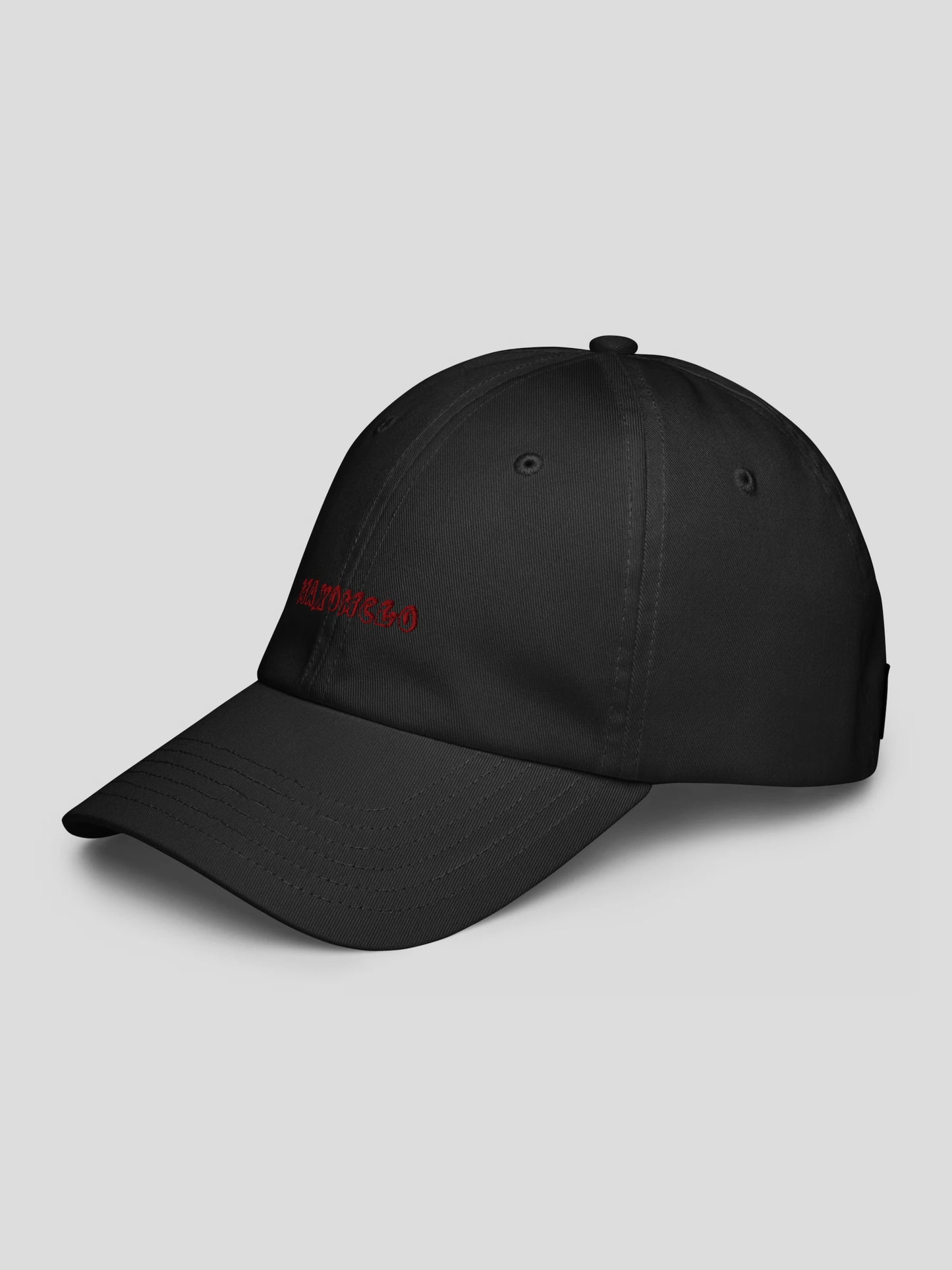 Left side angle of the black premium minimalist baseball hat – showcasing structured curved brim and durable stitching.