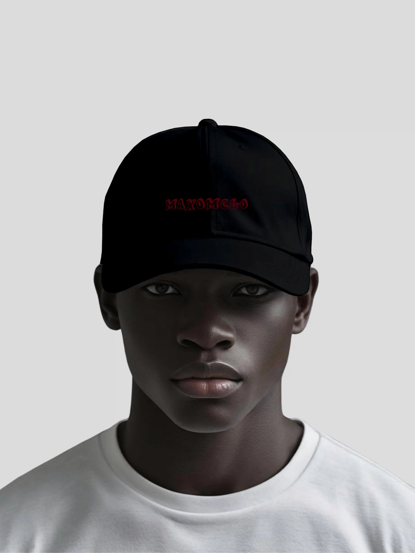 Model wearing the Crimson Stealth Unisex Baseball Cap by MAXOMclo – luxury unisex streetwear baseball cap with embroidered red MAXOMclo logo in black minimalist design.