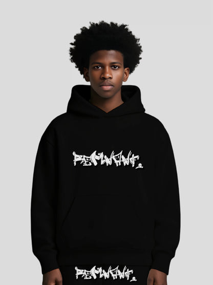 DROP.ØNE black oversized graphic hoodie made from premium 380 GSM brushed cotton fleece – urban streetwear with bold graffiti print, drop shoulder design and motivational minimalist style for unisex wear

