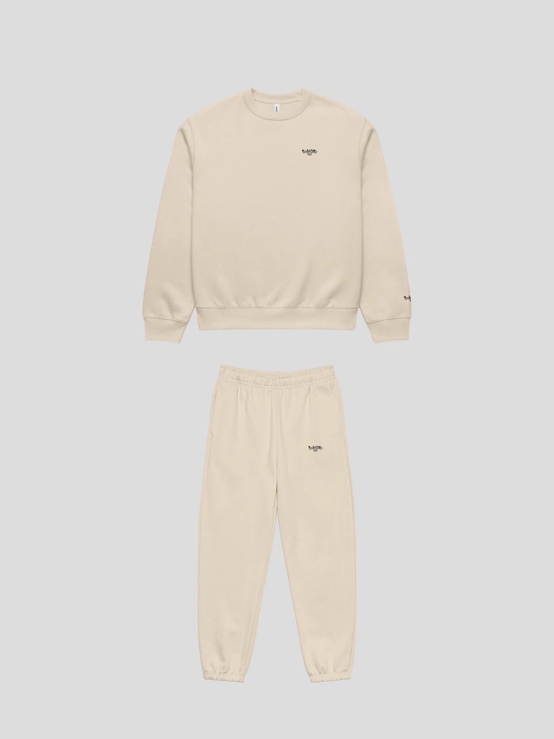 MAXOMclo ECHO beige oversized sweatsuit front view – unisex crewneck and baggy jogger set