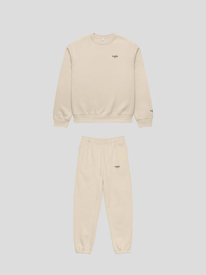 MAXOMclo ECHO beige oversized sweatsuit front view – unisex crewneck and baggy jogger set