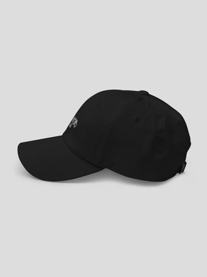 Side view of the ECHO Black Luxury Streetwear Cap showing curved brim and unstructured 6-panel fit.