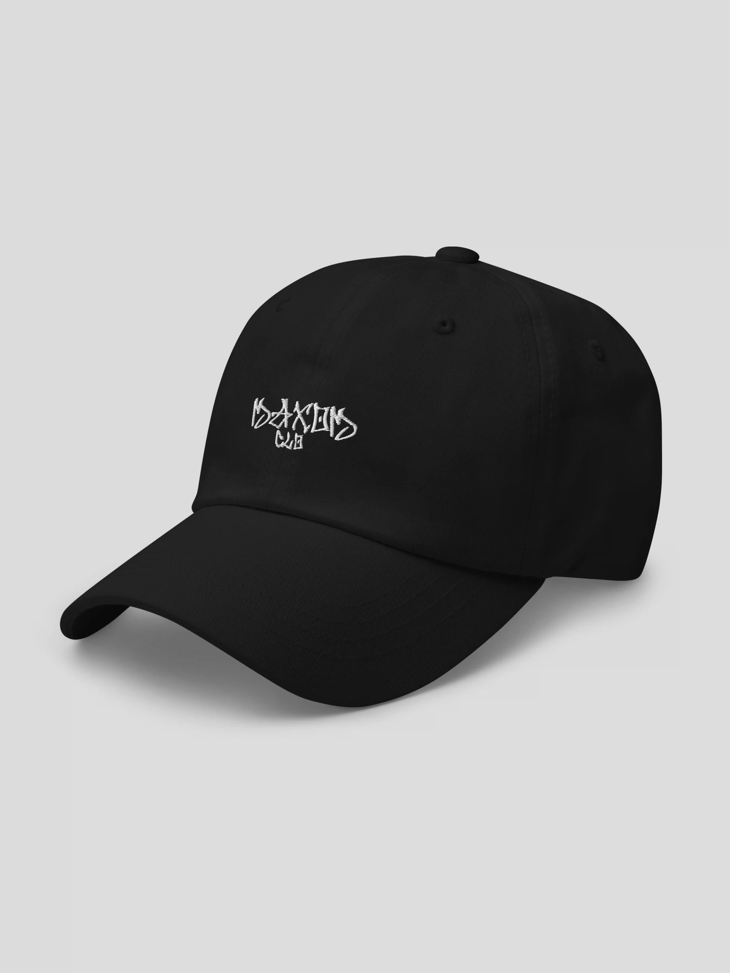 Angled left-front view of the ECHO Black Minimalist Streetwear Cap – low-profile dad hat with embroidered logo.