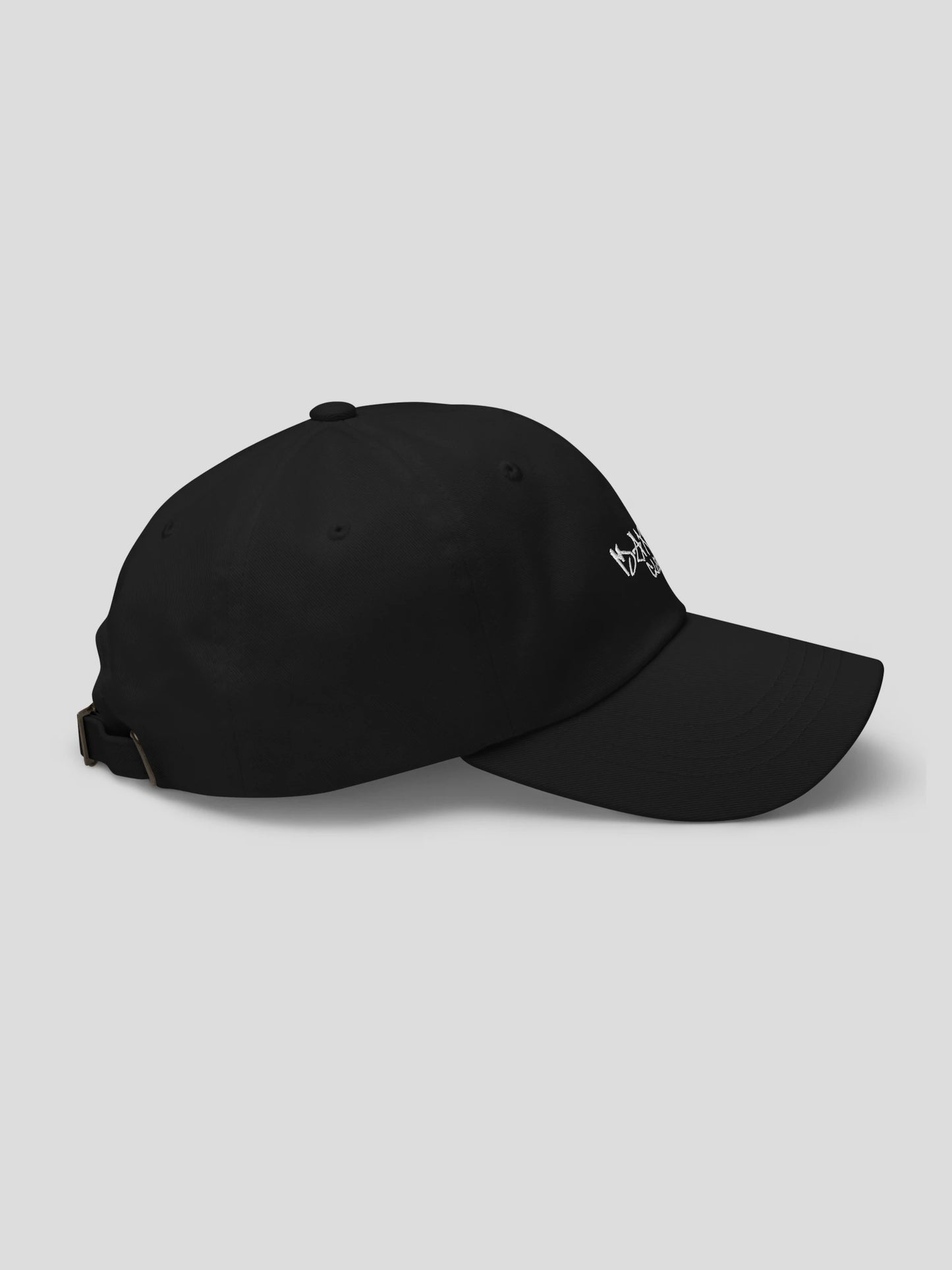 Side profile of the ECHO Black Premium Low-Profile Cap showing clean urban streetwear design.