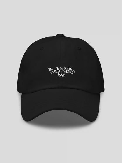 Front studio shot of the ECHO Black Premium Streetwear Baseball Cap featuring embroidered MAXOMclo graffiti logo.