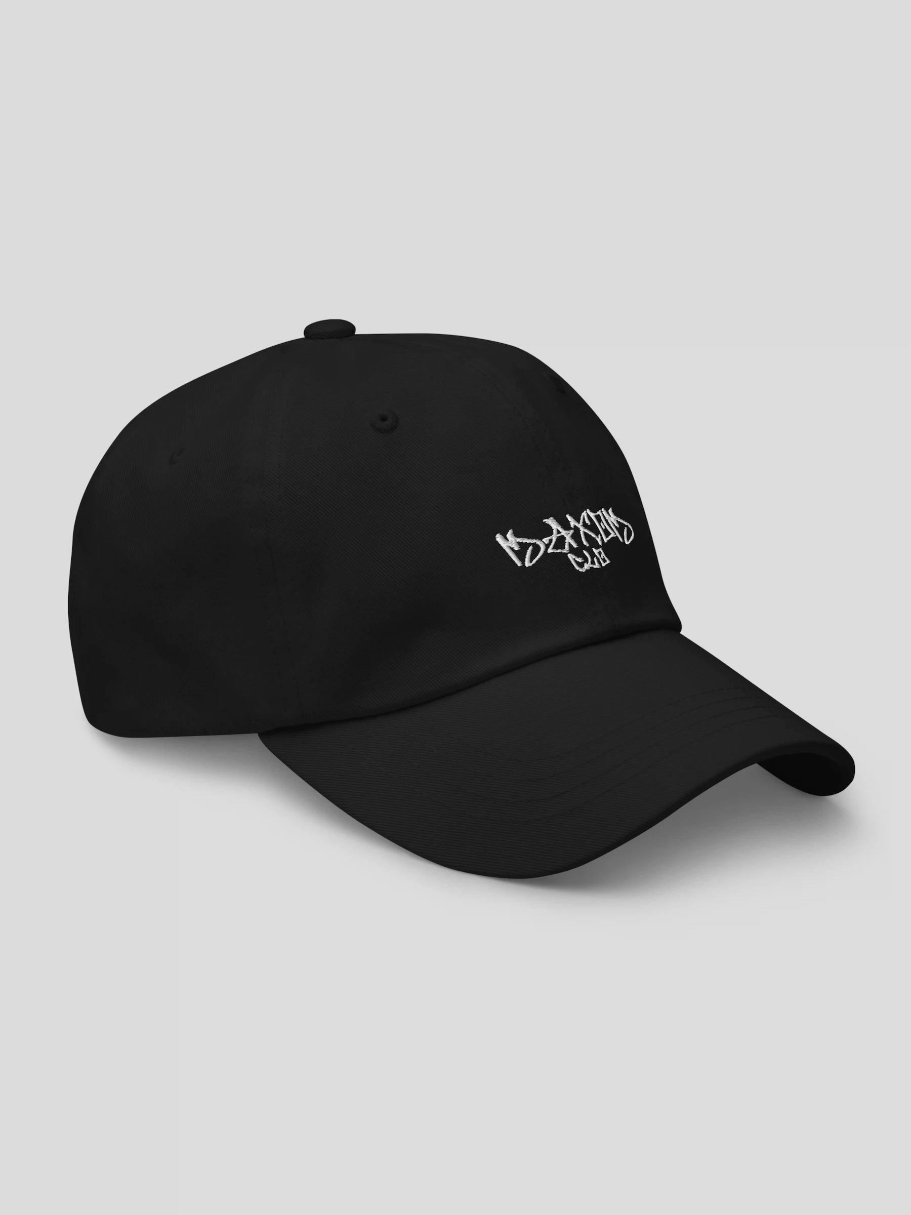 Right-front view of the ECHO Black High-Quality Streetwear Cap with curved brim and graffiti embroidery.