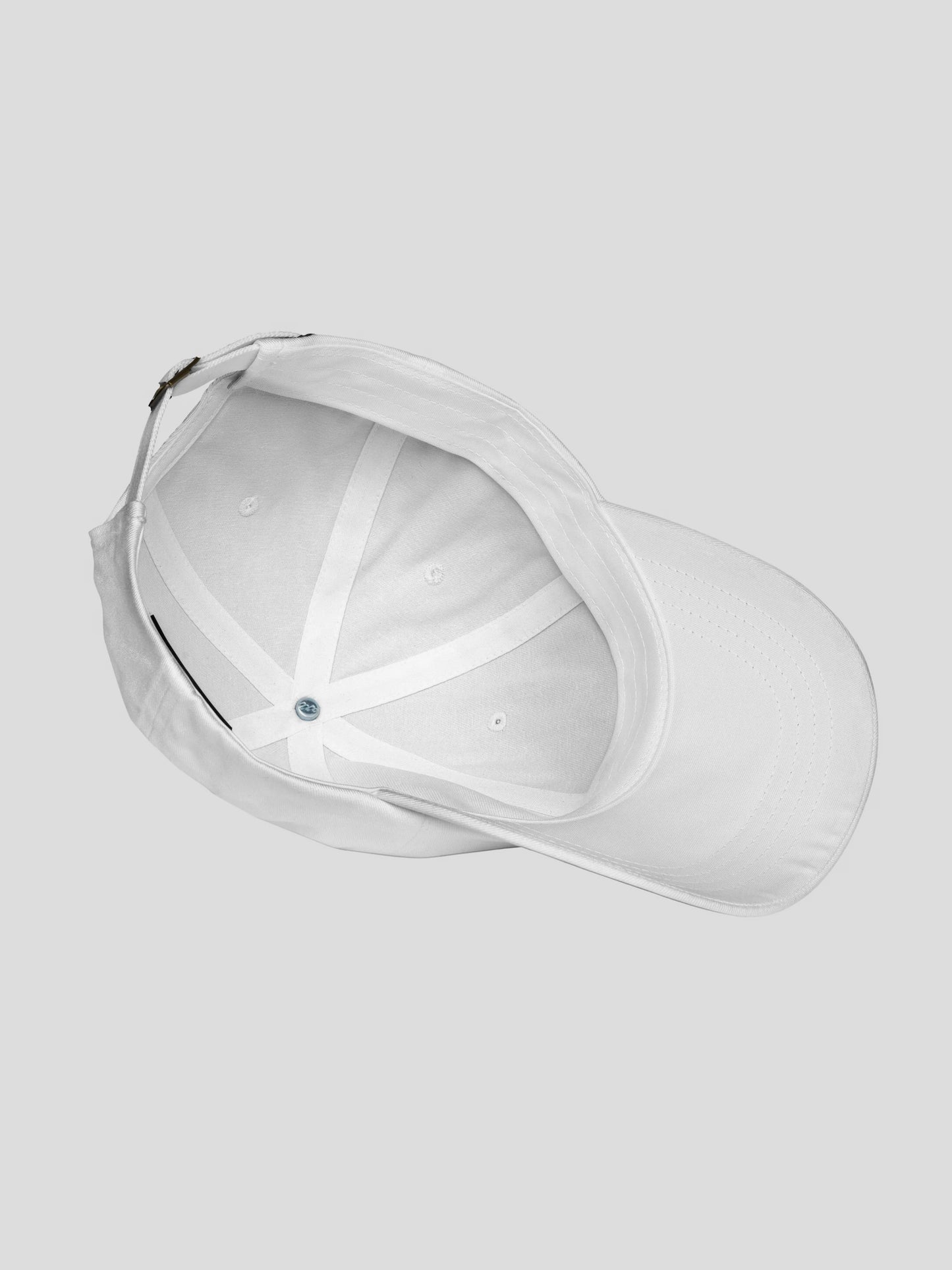 Detailed shot of the ECHO White Designer Streetwear Cap showing premium cotton twill and embroidery quality.