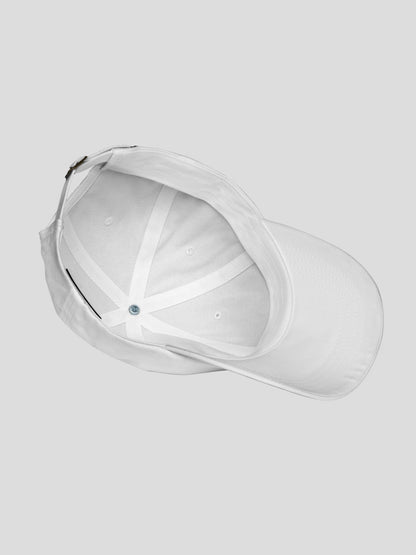 Detailed shot of the ECHO White Designer Streetwear Cap showing premium cotton twill and embroidery quality.