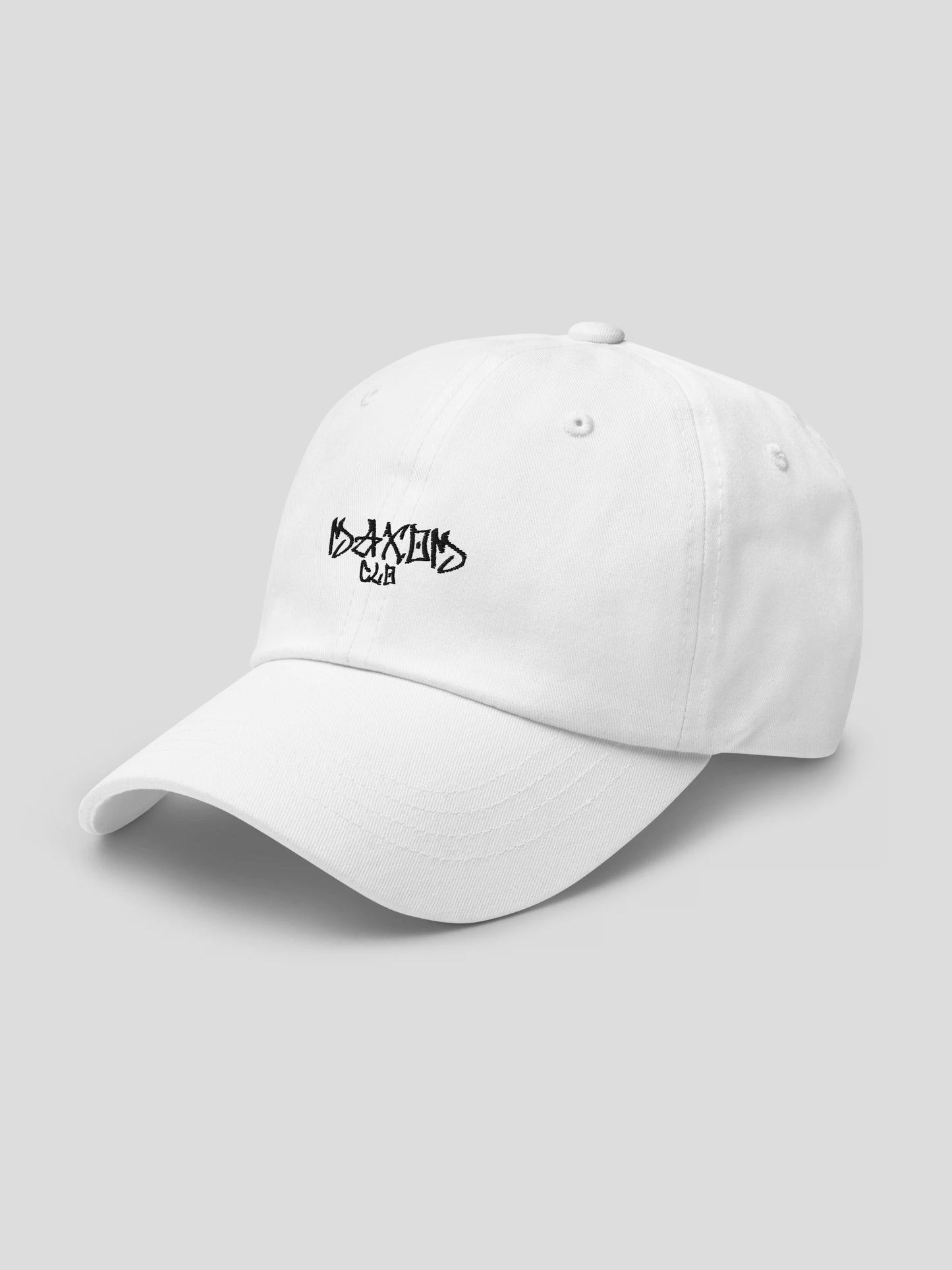 Angled left-front shot of the ECHO White Minimalist Streetwear Cap – unstructured low-profile dad hat style.