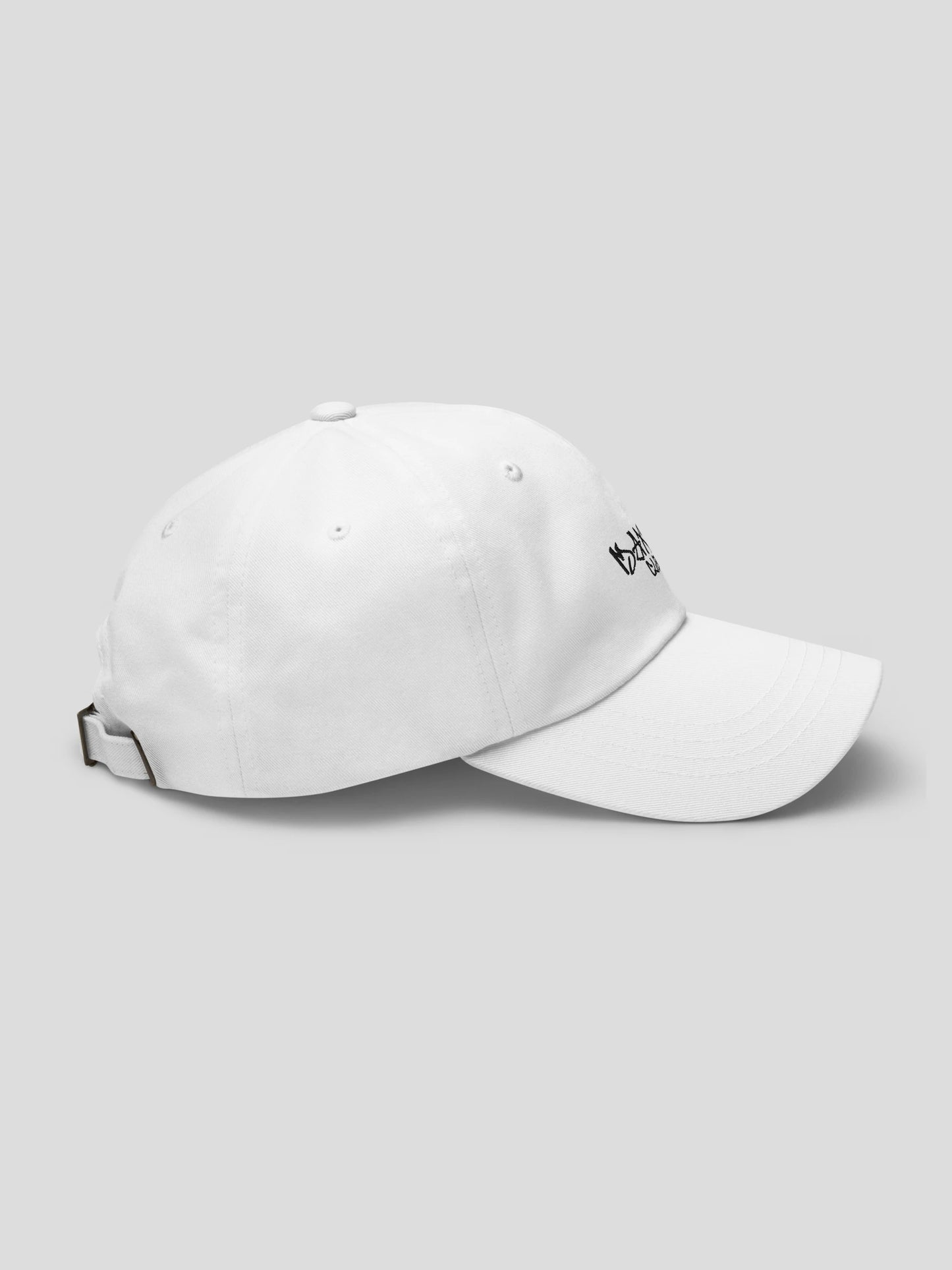 Right-side profile of the ECHO White Premium Low-Profile Cap with clean urban design.