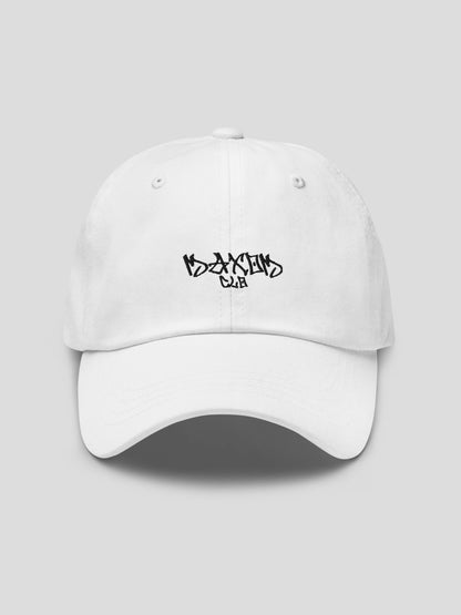 Studio front view of the ECHO White Premium Streetwear Baseball Cap with embroidered MAXOMclo logo.