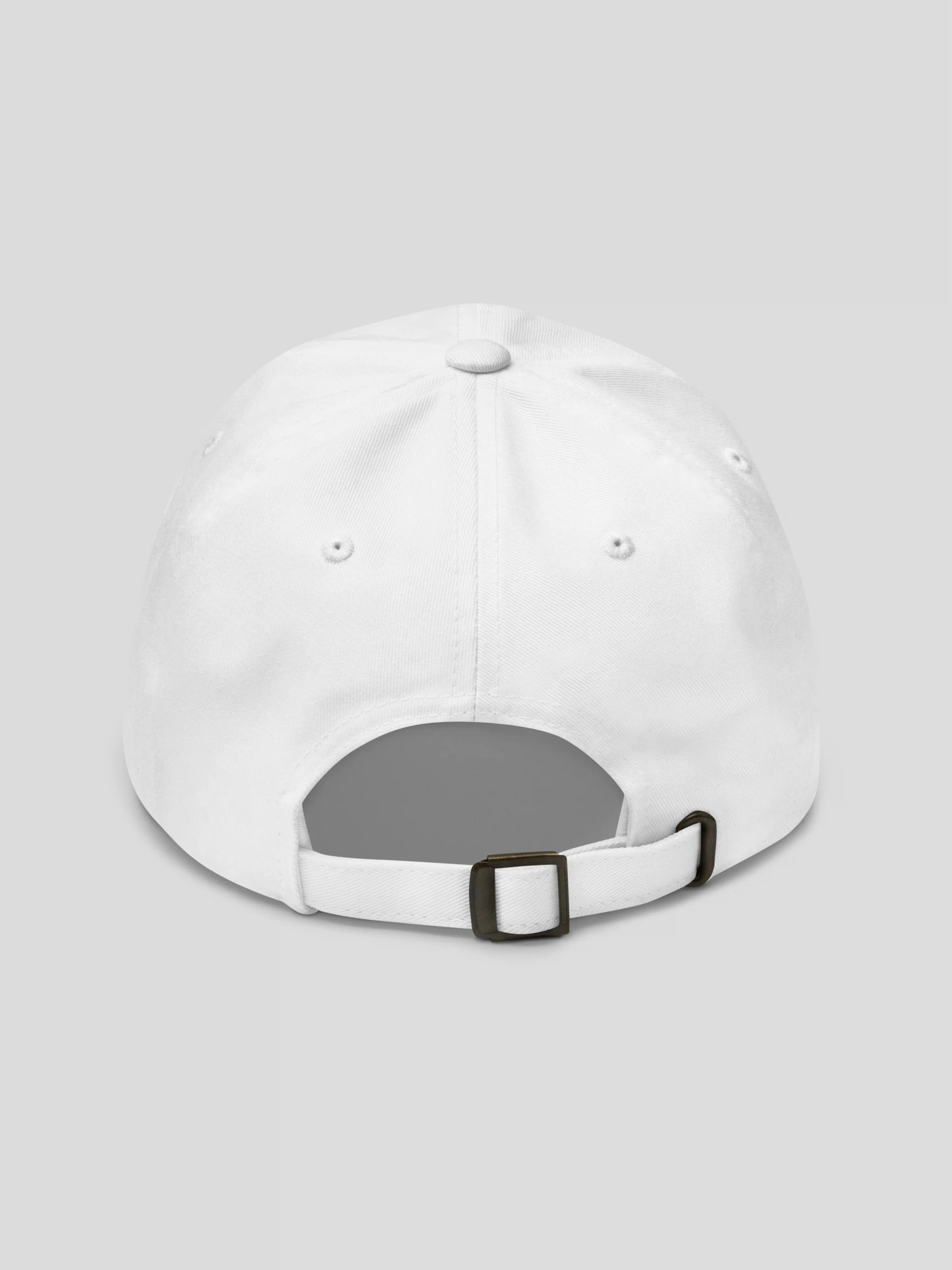 Back view of the ECHO White Luxury Streetwear Cap showing adjustable antique buckle strap and breathable eyelets.