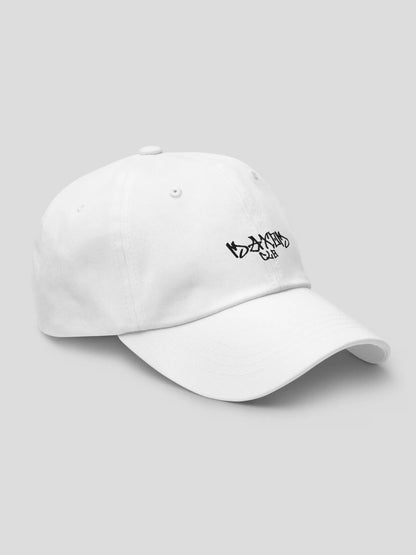 Right-front angle of the ECHO White Premium Streetwear Cap with graffiti-style embroidery.