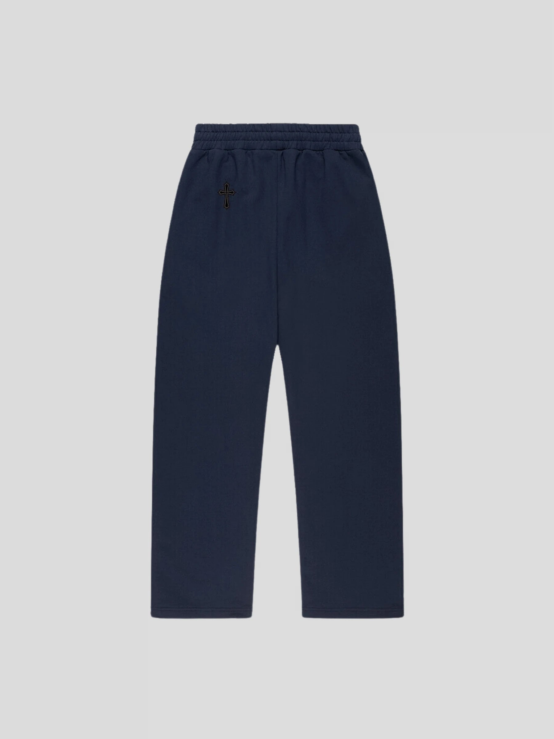 Back of the navy blue luxury baggy jogger pants featuring MAXOMclo gothic logo – modern urban streetwear fit.